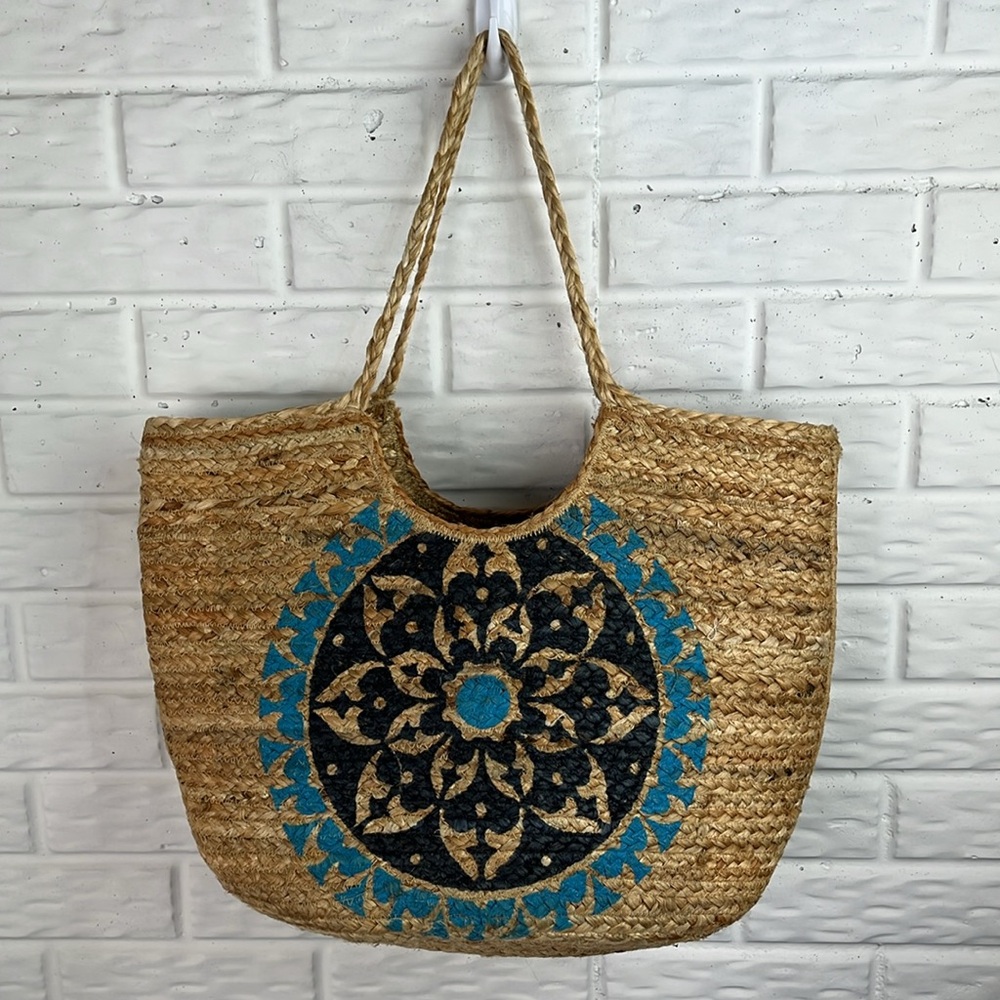 ANTIK KRAFT 100% JUTE Natural Woven Boho Large Tote Bag Blue Mandala Medallion - Picture 4 of 12
